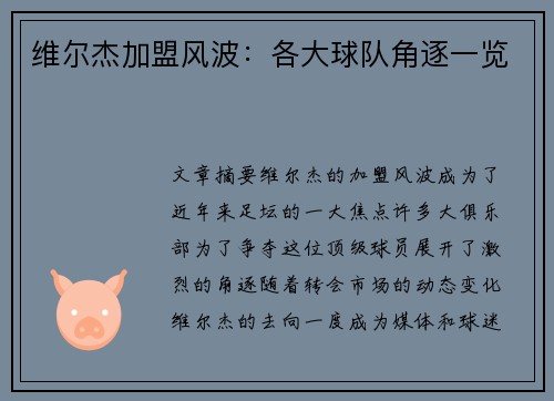 维尔杰加盟风波：各大球队角逐一览