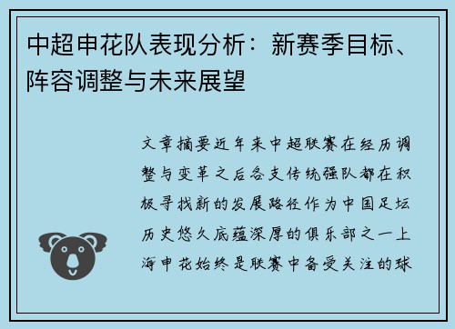 中超申花队表现分析：新赛季目标、阵容调整与未来展望