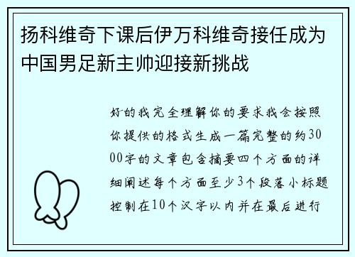 扬科维奇下课后伊万科维奇接任成为中国男足新主帅迎接新挑战